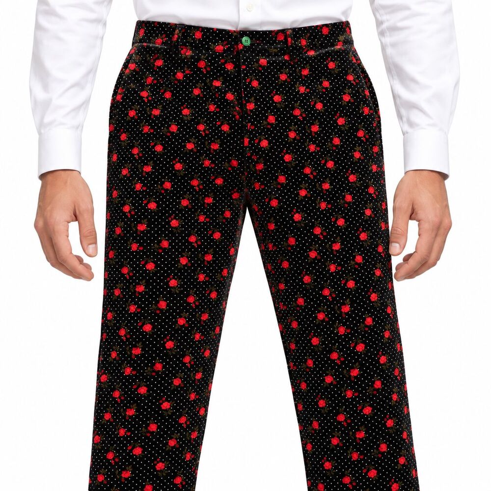 Mens 36 Black Red Floral Polka Dot Velvet Straight Fit Dress Pants Trousers NWT